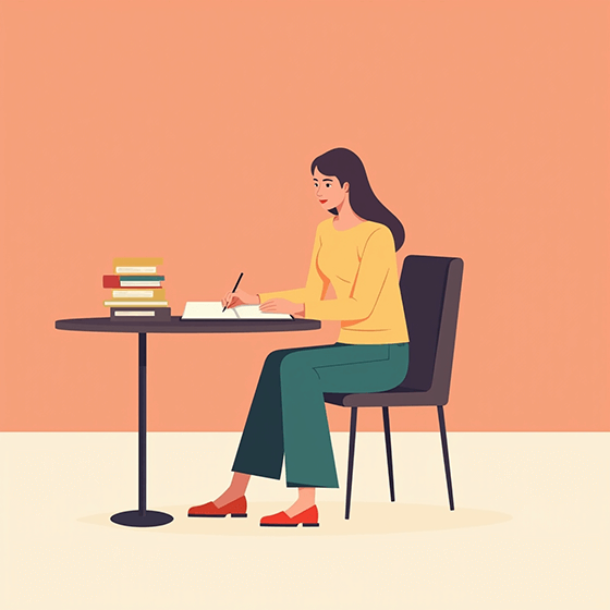 A woman author sits at a desk, signing a book from a tall stack of books