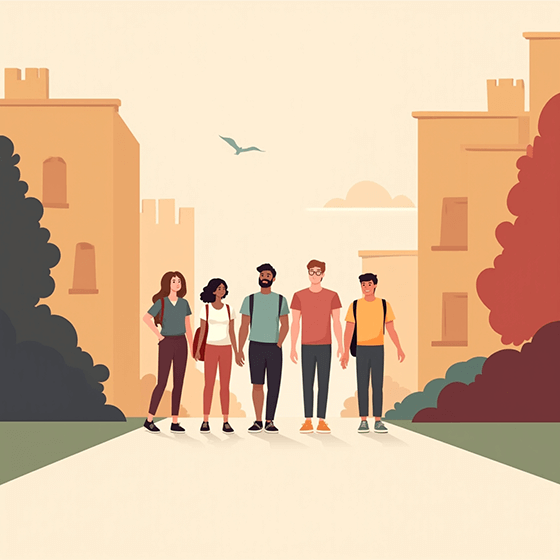 A group of diverse students walk across their college campus, as the sun starts to set behind them