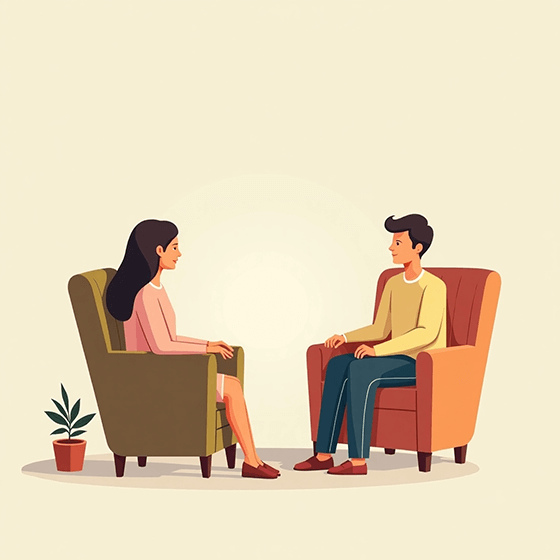 A therapist and a client sit in comfortable, high-backed chairs in a warm, comfortable room